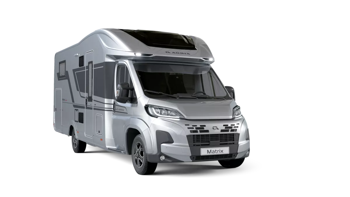 The Adria Matrix Supreme 670 SC is silver and has black decals. 