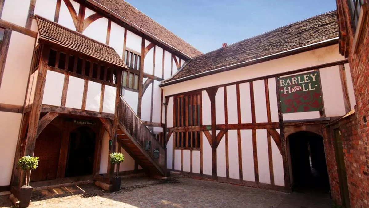 Exterior of restored medieval building of Barley Hall, York