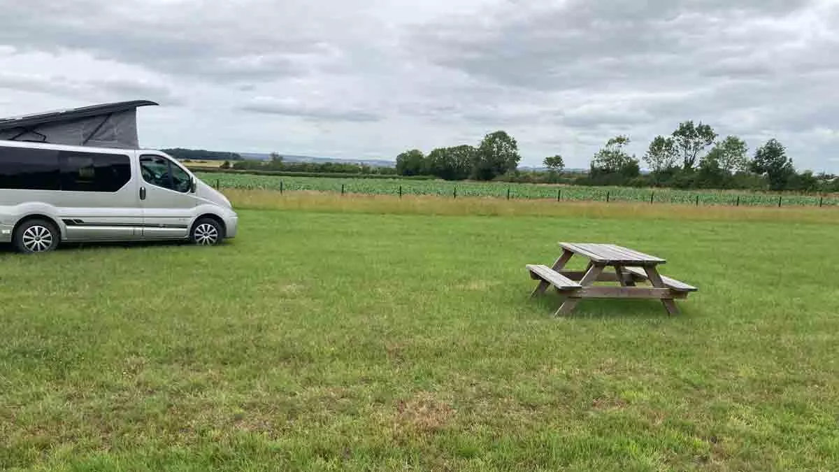Lower Burrow Farm, TA12 6BS, Langport, Somerset, CL owner, 2026, field, pitch, grass, picnic table, trees, campervan