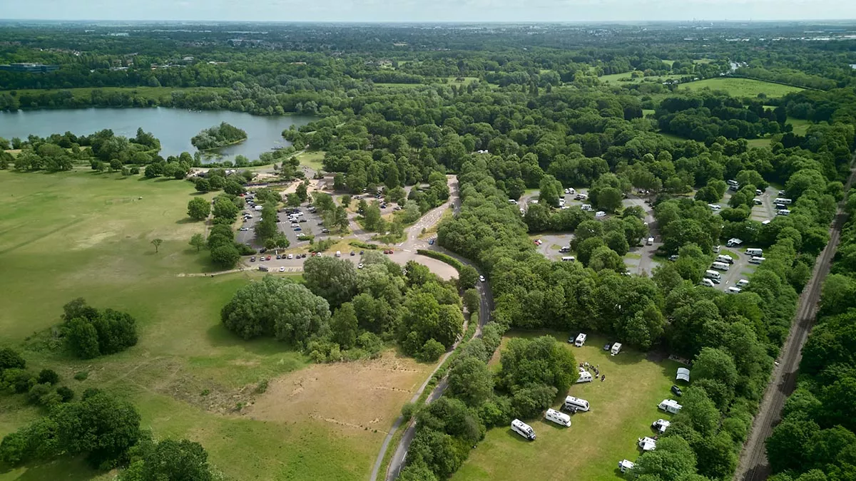 Aerial view of the campsite and adjacent country park