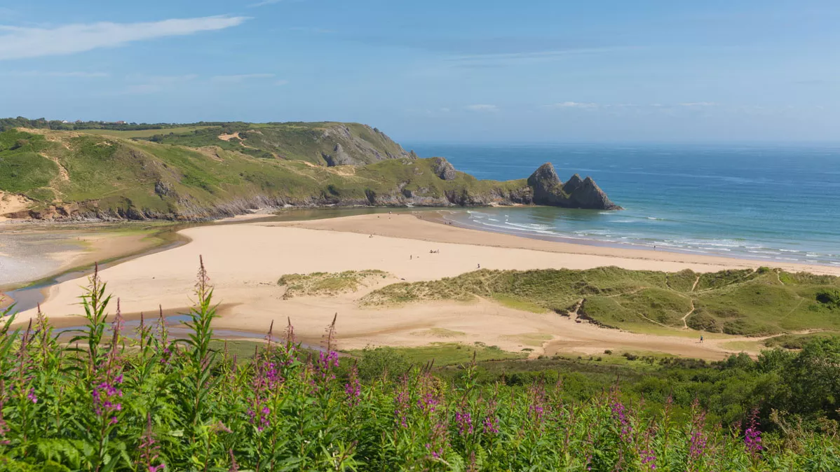 Wide open sandy beach with grassy peninsula and blue sea