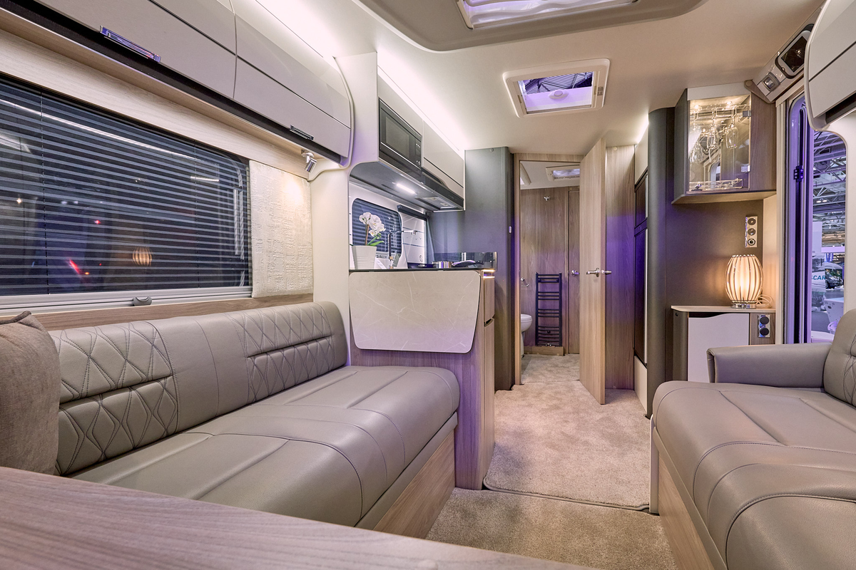 Swift Elegance Grande 835 interior, beige leather upholstery, pale wood furniture, drinks cabinet, lounge, ktichen, washroom. skylights