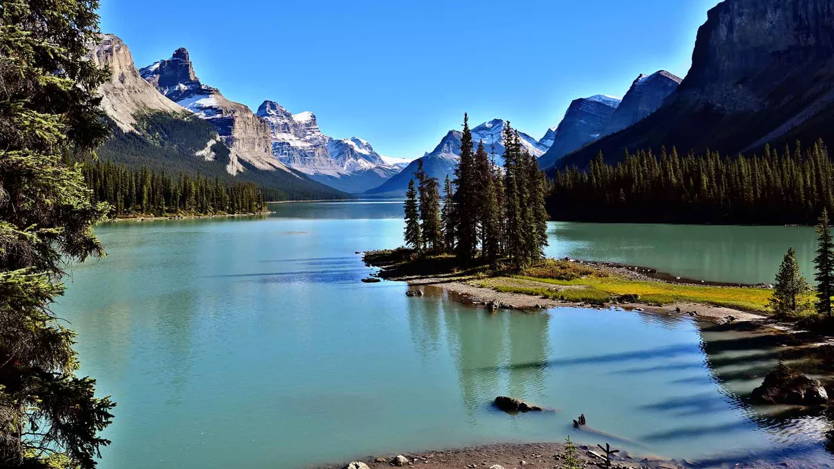 Looking out towards Spirit Island  cover in tall green trees at Maligne Lake Jasper National Park Canada. The calm water framed by trees on either side with the snow covered mountain peaks rising up in the distance. 