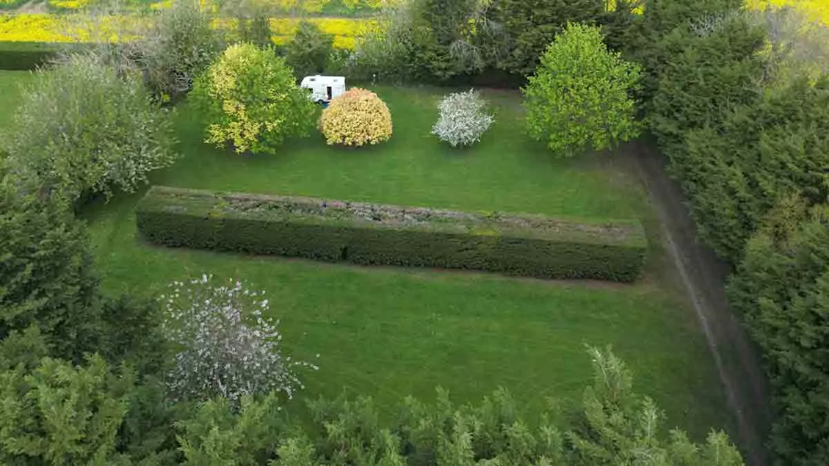 Stanwell Farm, IP14 4JA, Stowmarket, Suffolk, 2026, CL owner, aerial view, field, pitch, caravan, trees