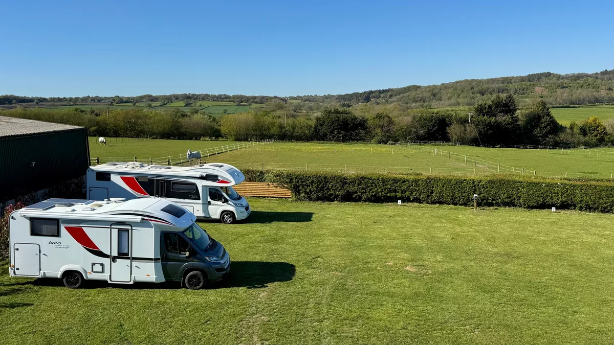 Elm Tree Farm, ST18 8TT, Dronfield, Derbyshire, CL owner, 2026, pitch, grass, field, motorhome, horses, trees