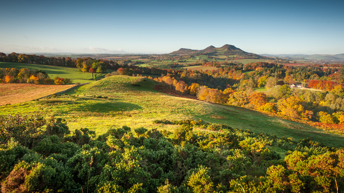 View of the three Eildon Hills in the Scottish Borders
