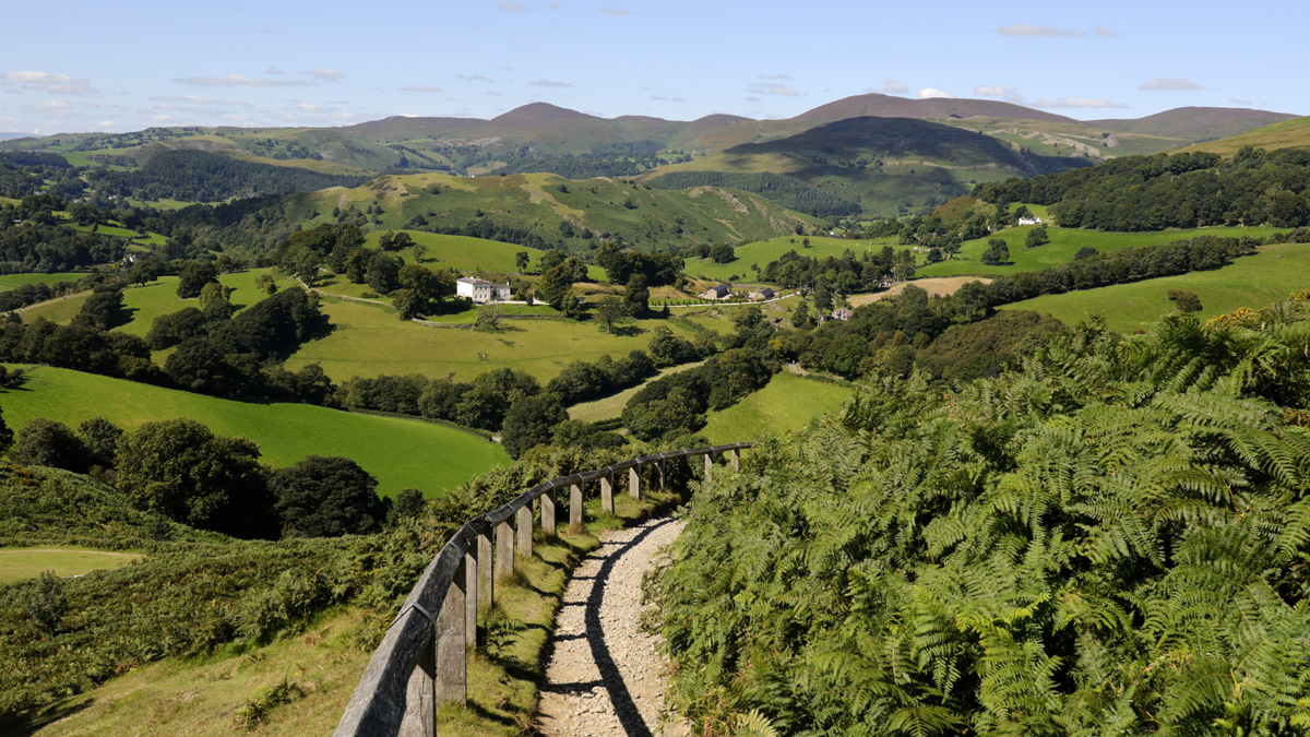 Green rolling hills with a footpath in Denbigshire in the north east of Wales. 