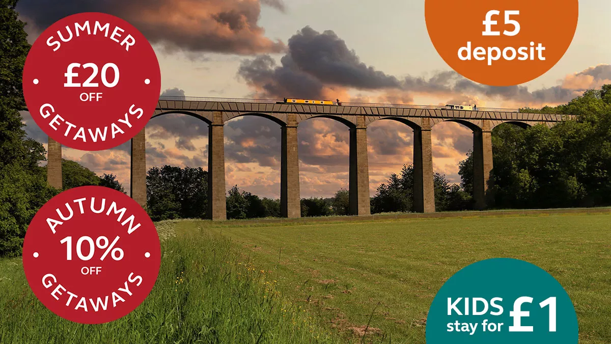 Lady Margaret's Park Club Campsite, £5 Deposit sticker, Kids for £1 sticker, £20 Off Summer Getaways sticker, Autumn 10% off Getaways sticker, 2026