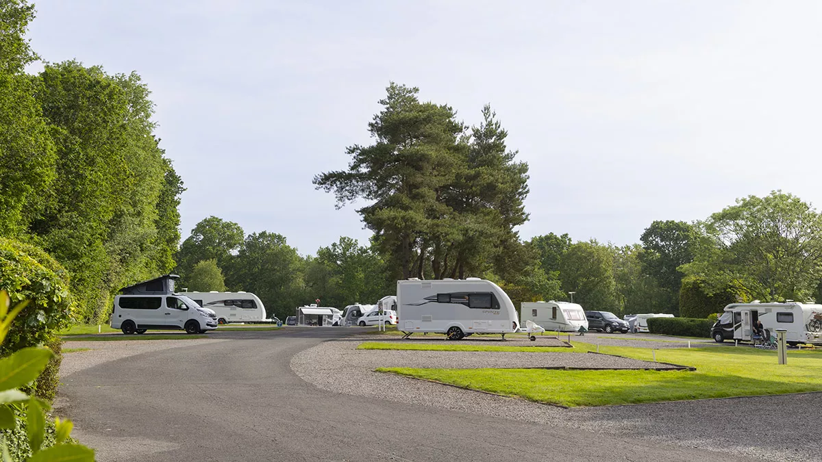 Overview of hardstanding with awning pitches at Stover Club Campsite