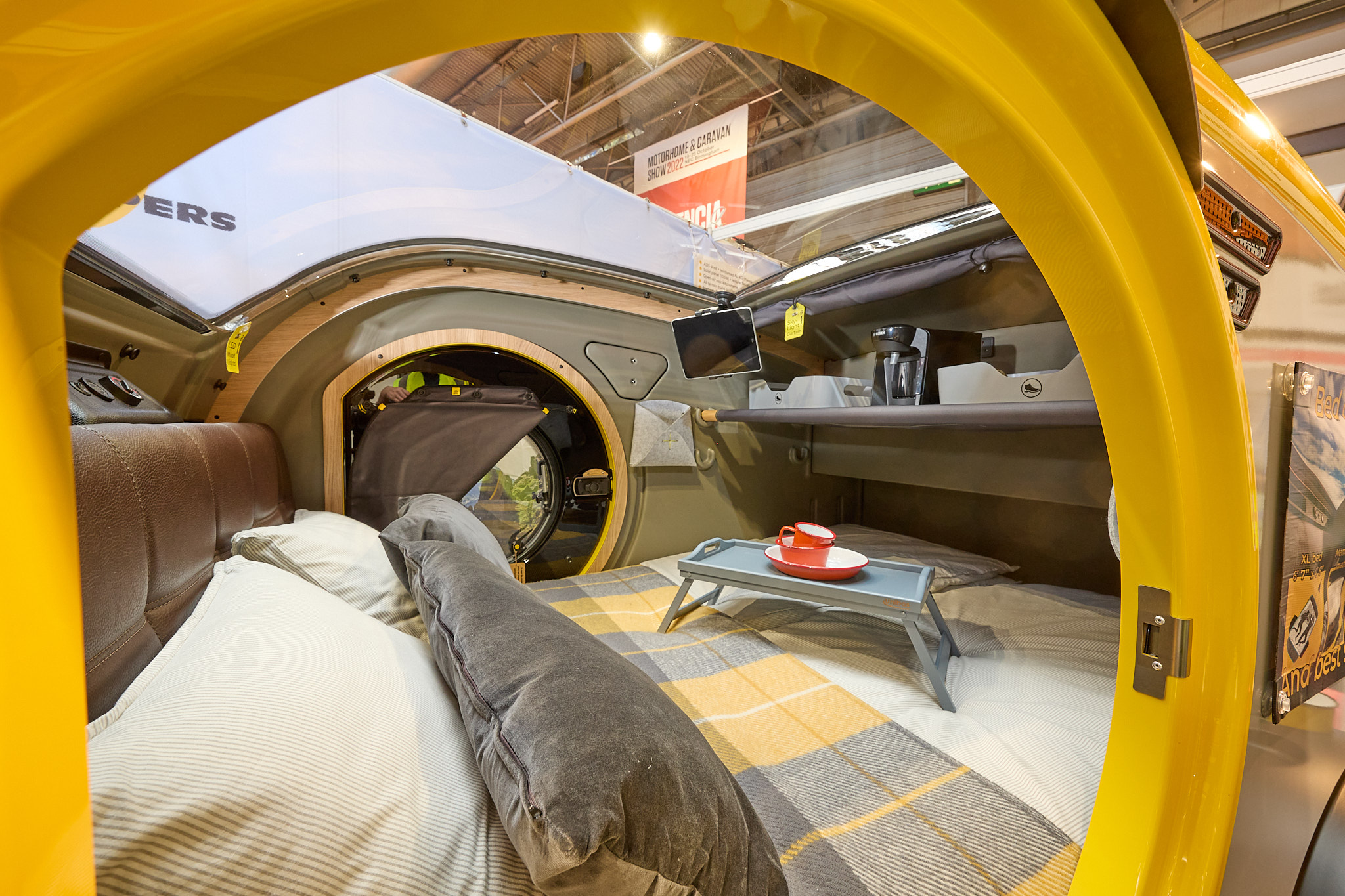 Mink Camper 2.0 interior, bed, shelf, tablet holder, clear roof