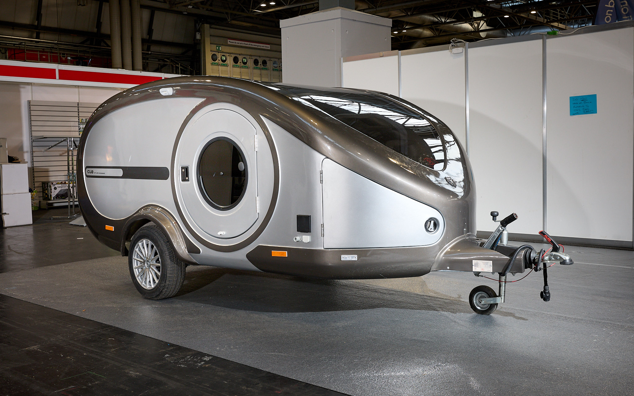 Lion Caravans Cub external, silver with dark grey bodywork, single axle