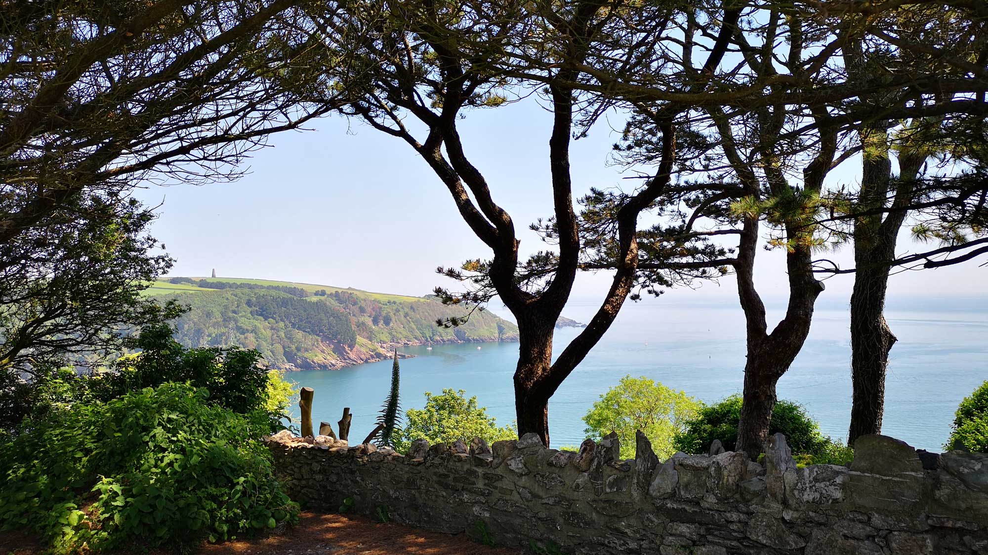 View from underneath shady trees across the sunlit sea 