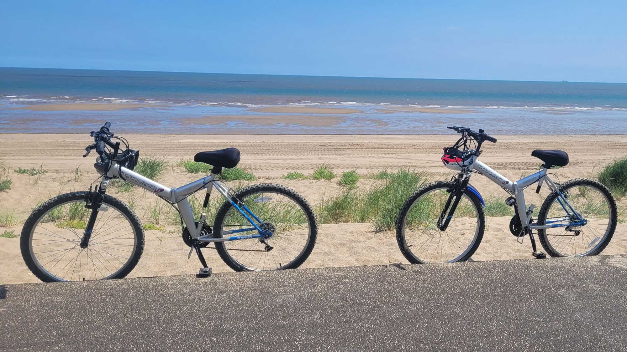 Two bicycles, parked next to the beach, with green grass and blue sea in the distance