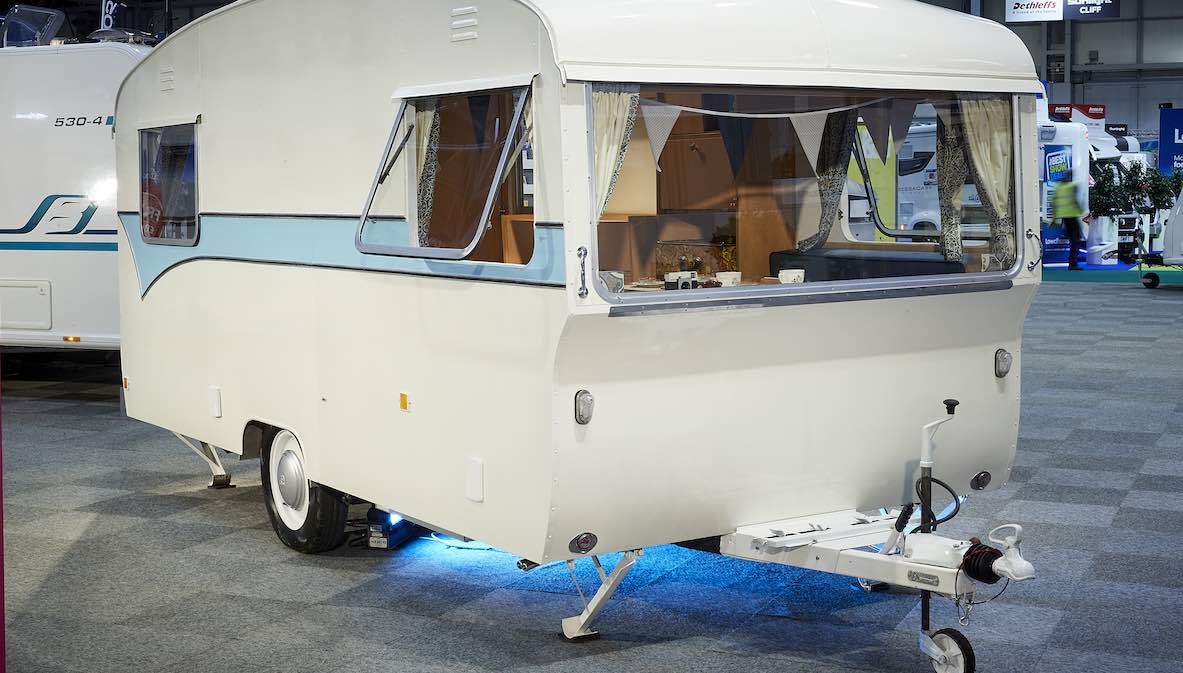 A vintage 1967 Bailey Maestro caravan on display at the NEC in Birmingham