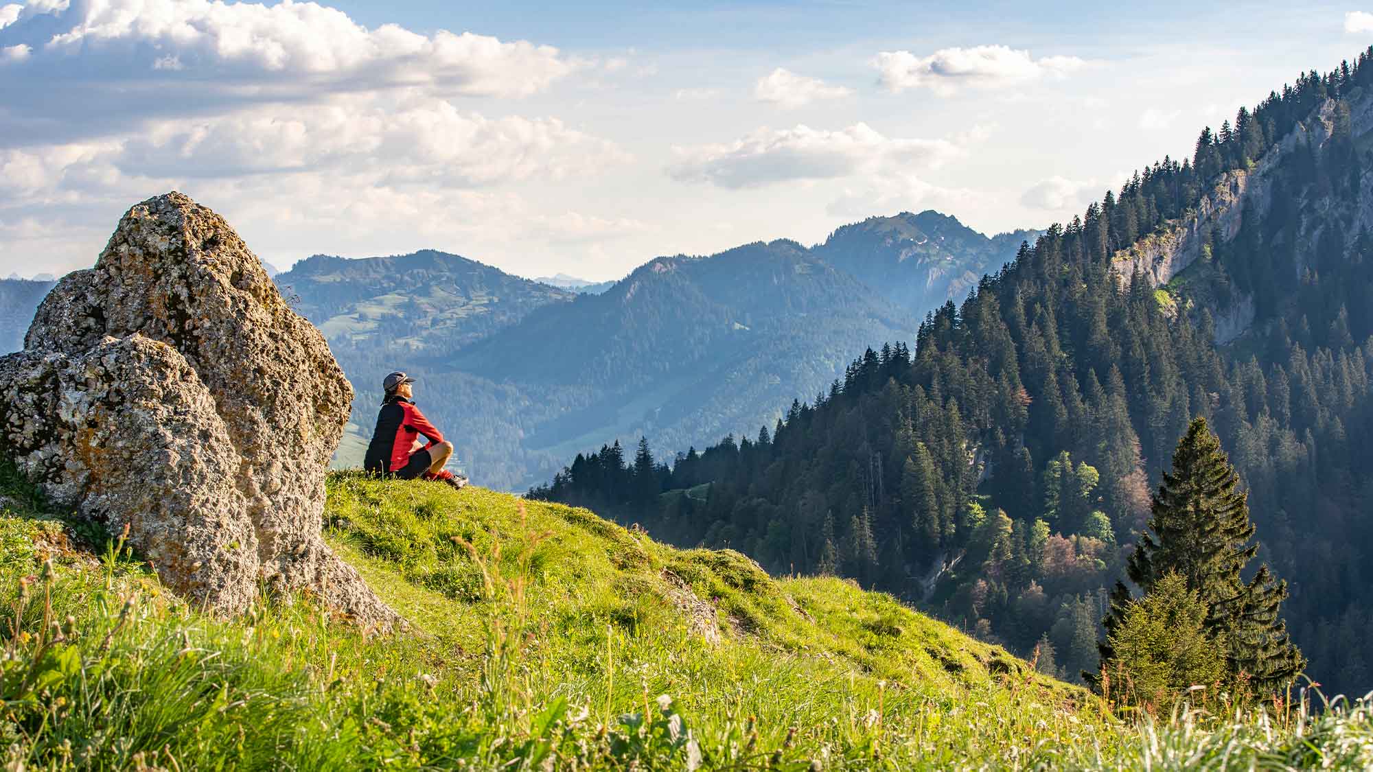 A hiker sitting looking over the tree covers mountains