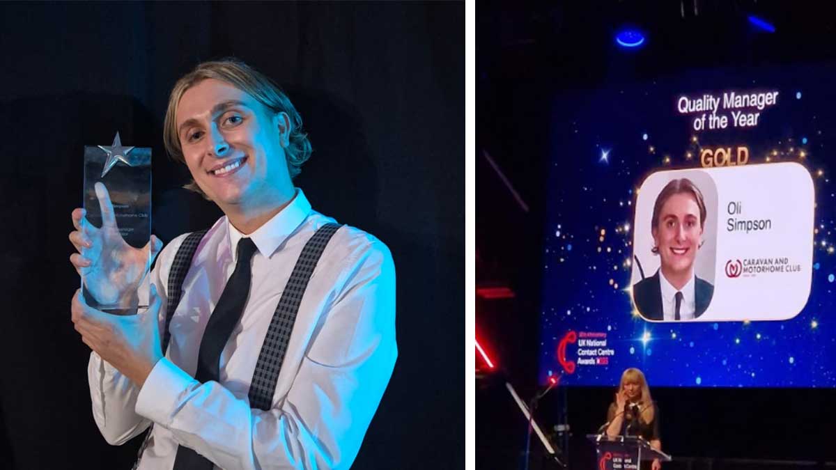 A photo of the contact centre awards 2025 with the CAMC winner, Oli Simpson. 