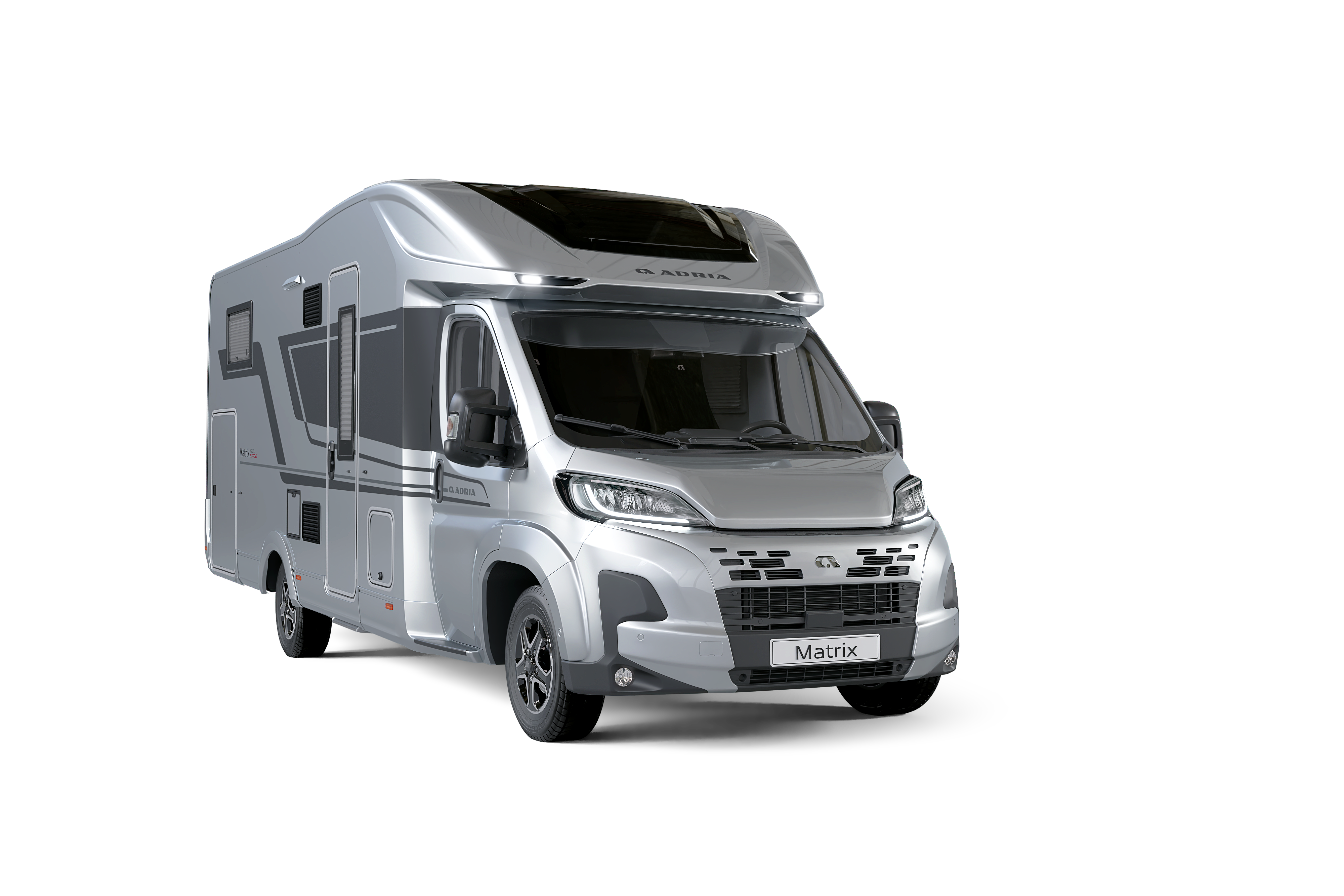The Adria Matrix Supreme 670 SC is silver and has black decals. 
