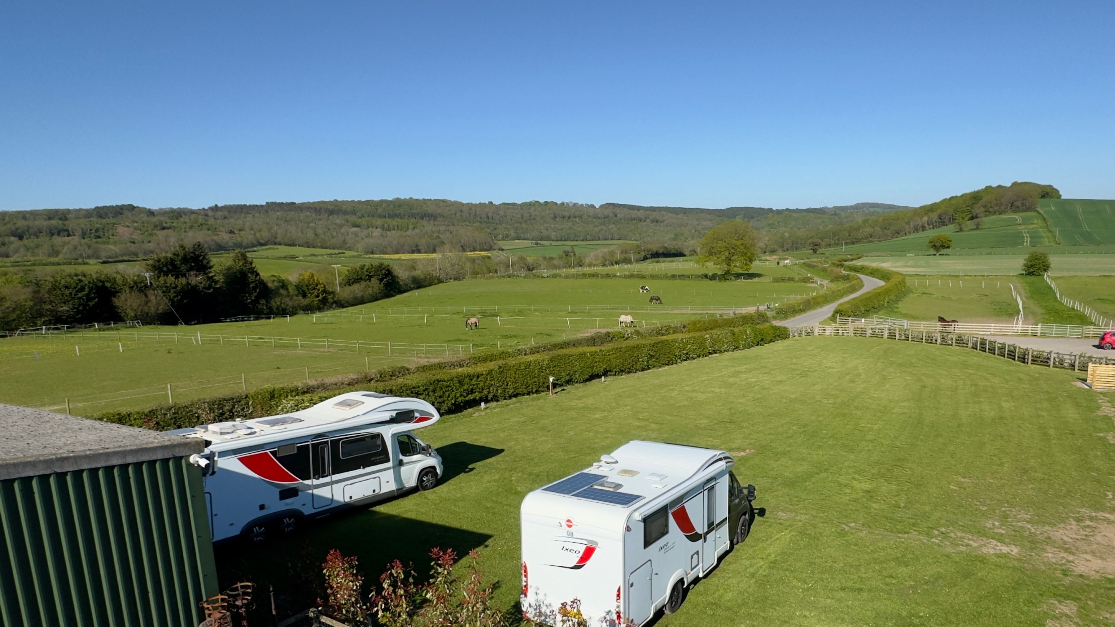 Elm Tree Farm, ST18 8TT, Dronfield, Derbyshire, CL owner, 2026, pitch, grass, field, motorhome, horses, trees