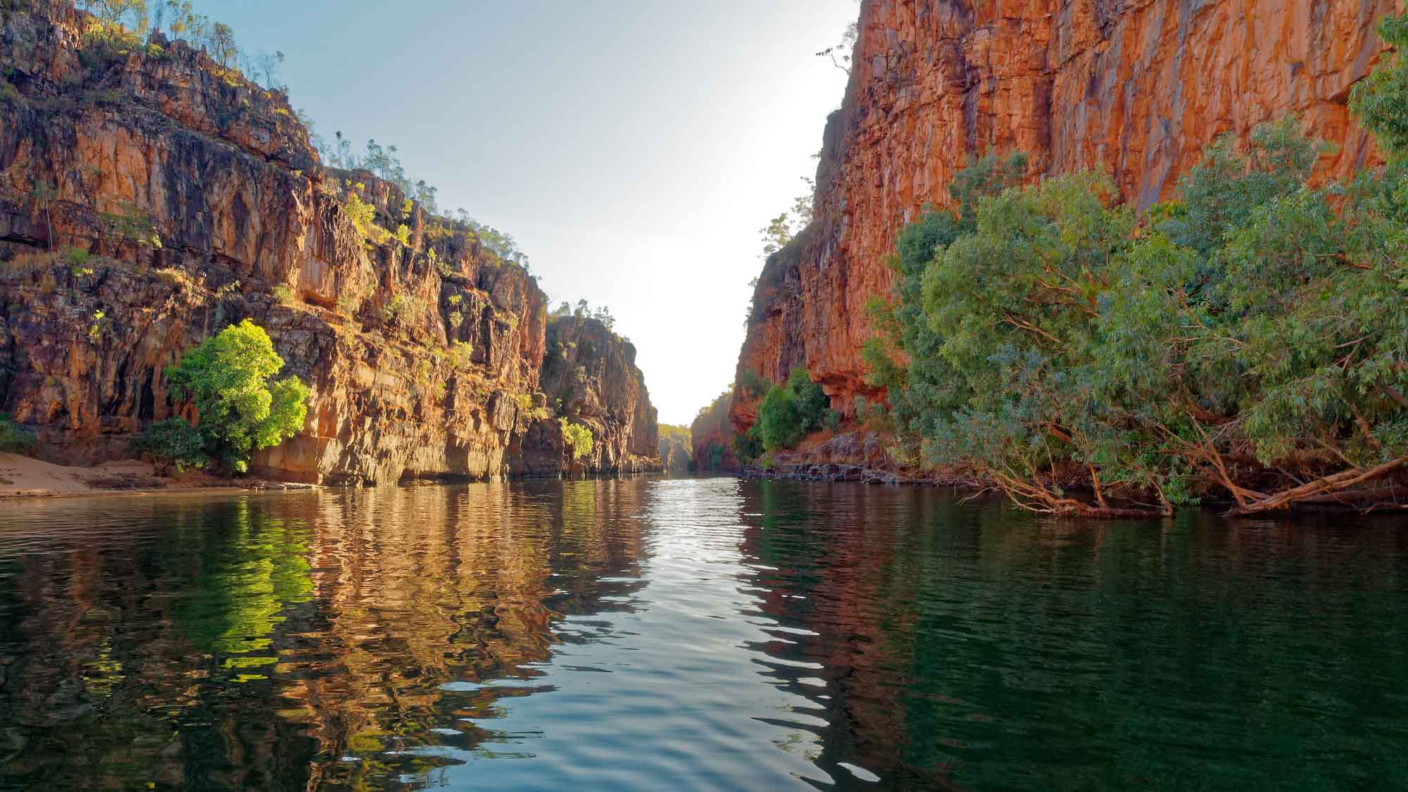 Calm water between steep rock faces  at Katherine Gorge  at Nitmiluk National Park