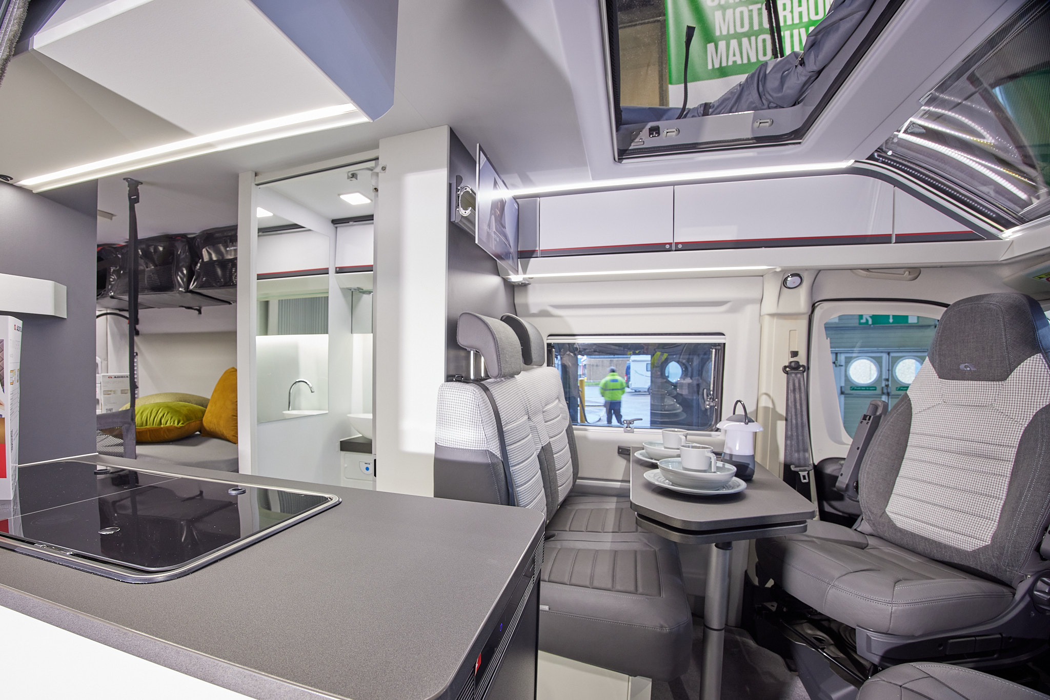 Grey white interior, pop top roof