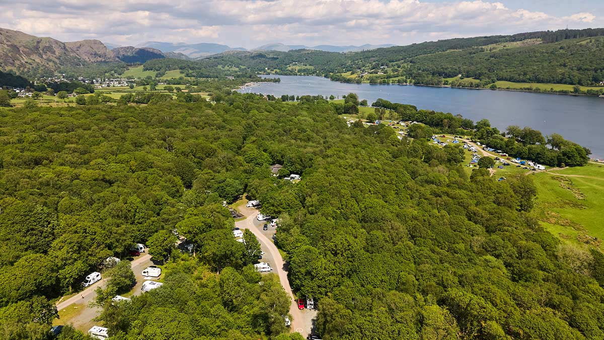 Scenic aerial shot of Coniston Park Coppice Club Campsite