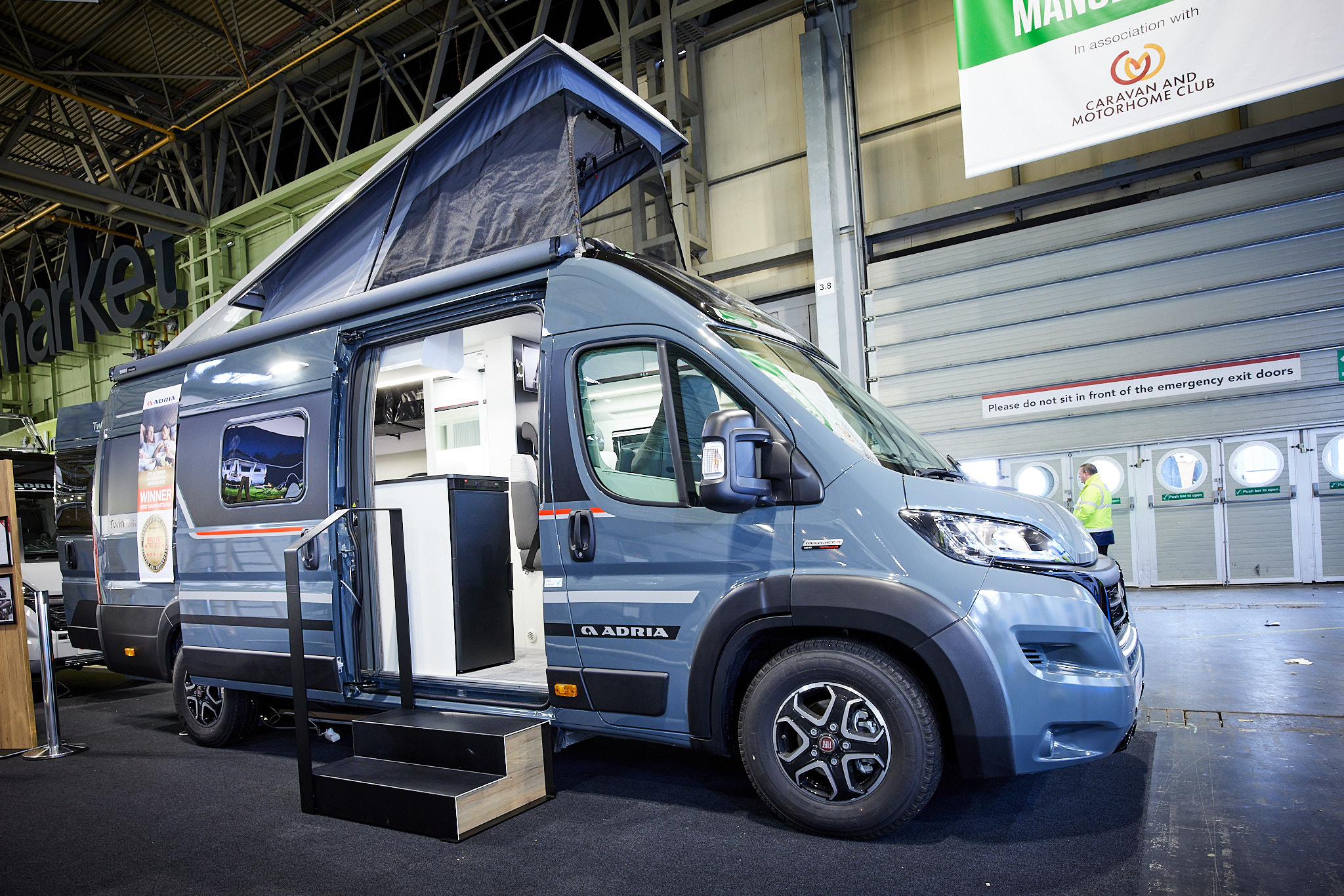 blue van conversion, pop up roof