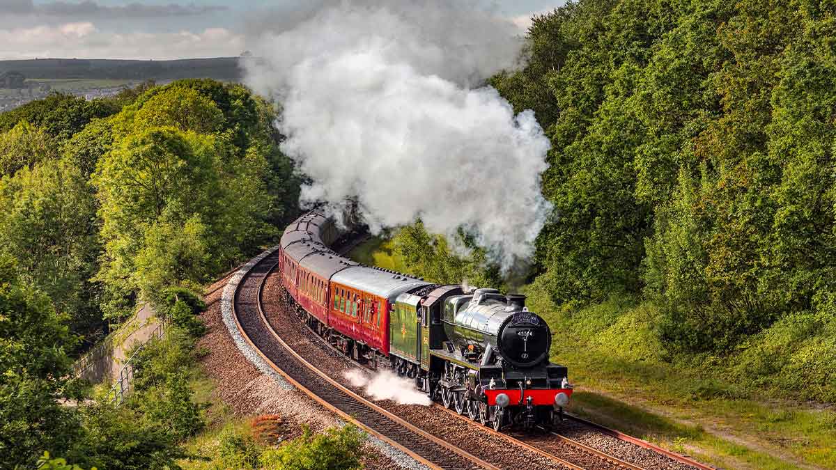 An image of a steam train at The Railway Touring Company, with red carriages curving round a corner track with a thick cloud of steam trailing above. There are high green trees on both sides of the track. 