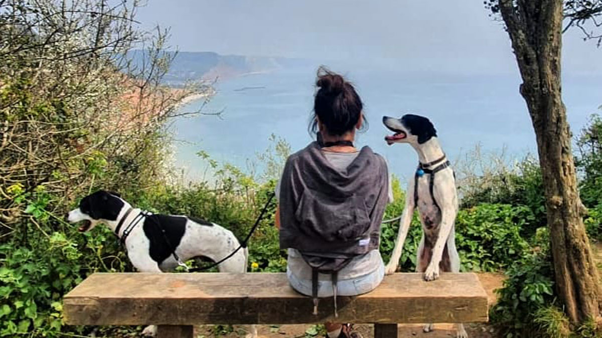 woman with two dogs looks out over the bay