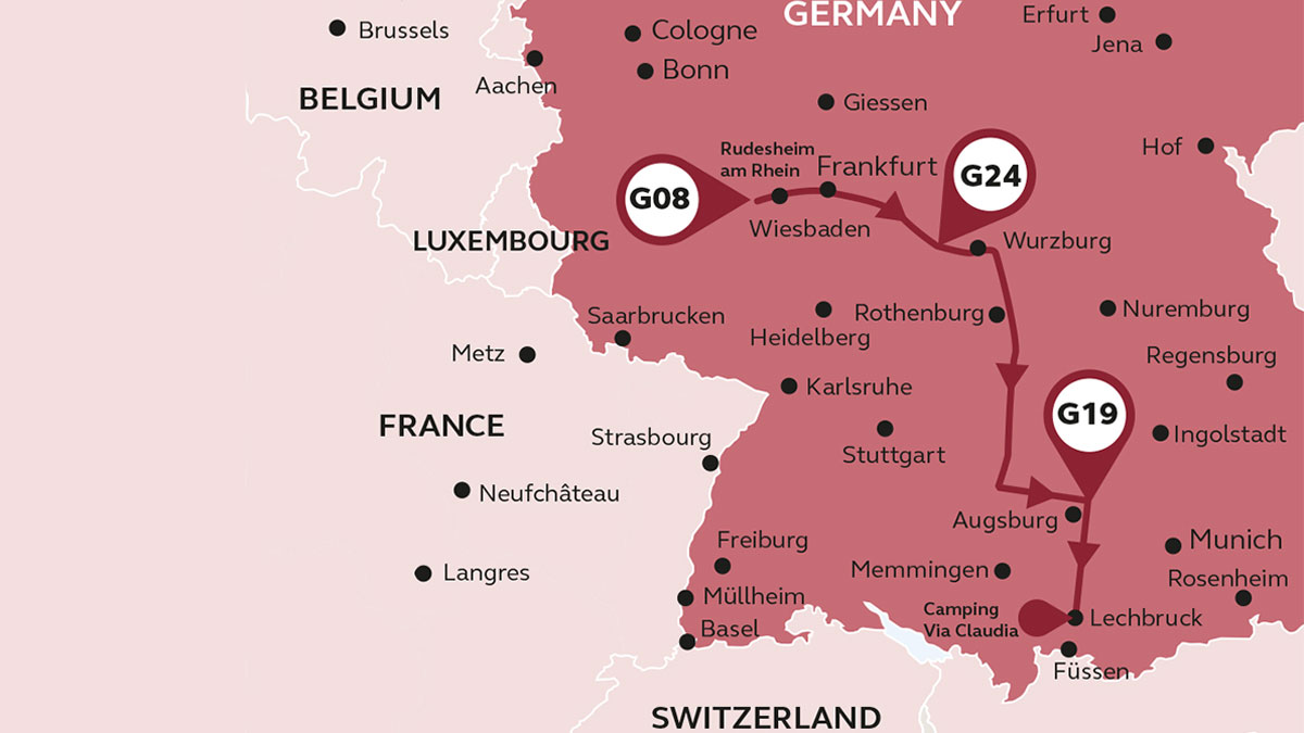 Route map of European tour Romantic Road