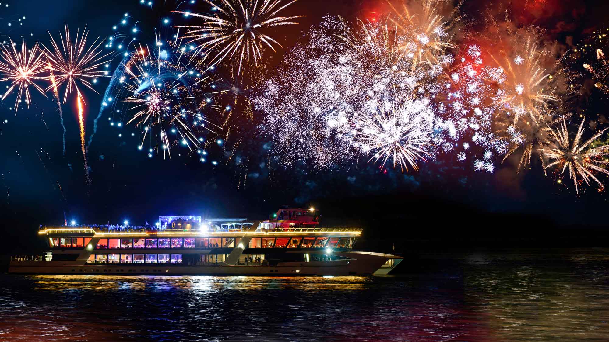 Fireworks over the Rhine over a riverboat