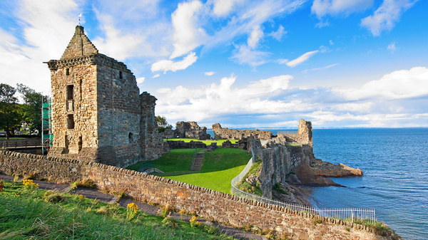 St Andrews Castle, partially ruined, overlooking the beach and the North Sea