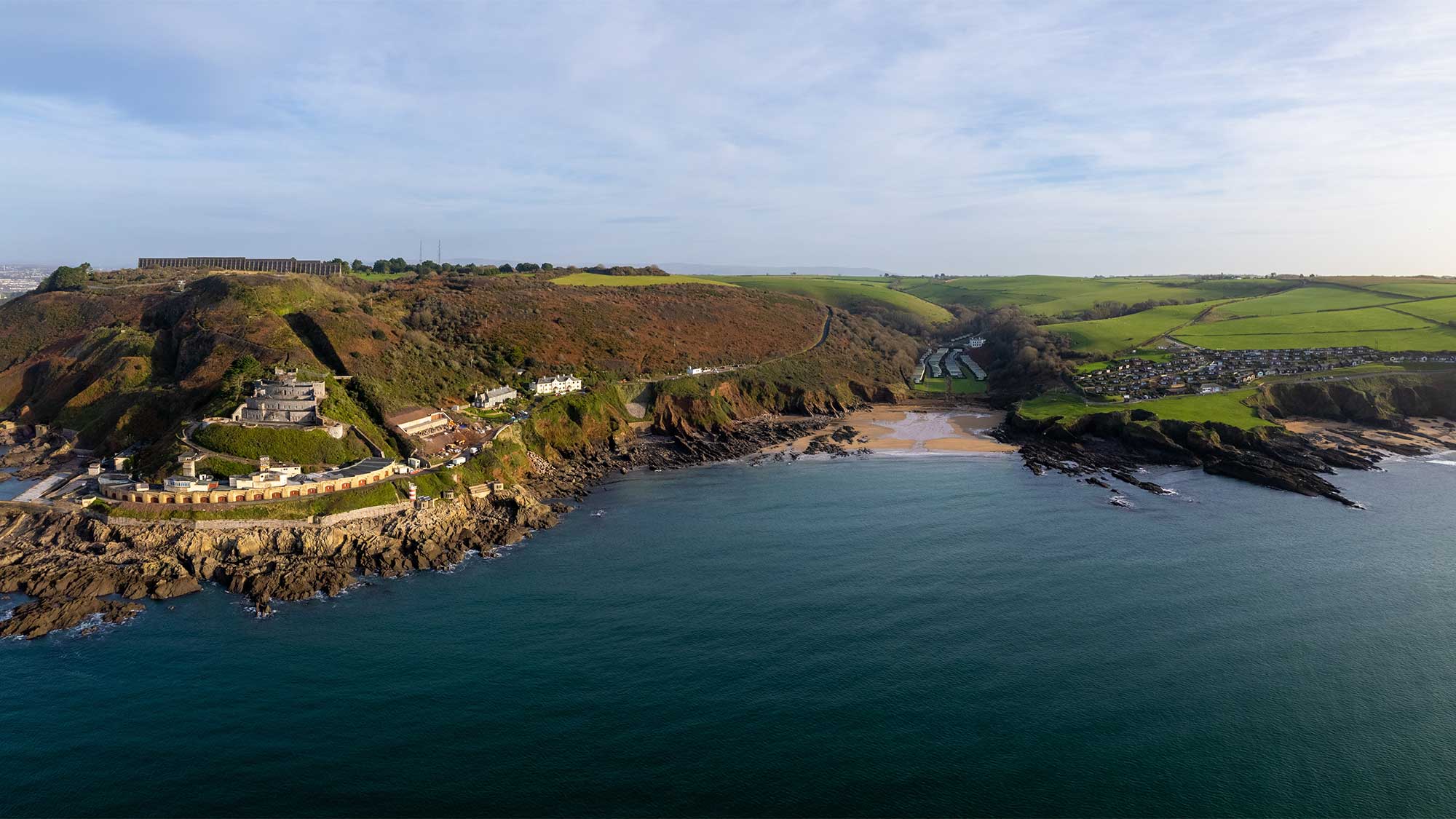 Bovisand Beach in Devon, as seen from the sea.