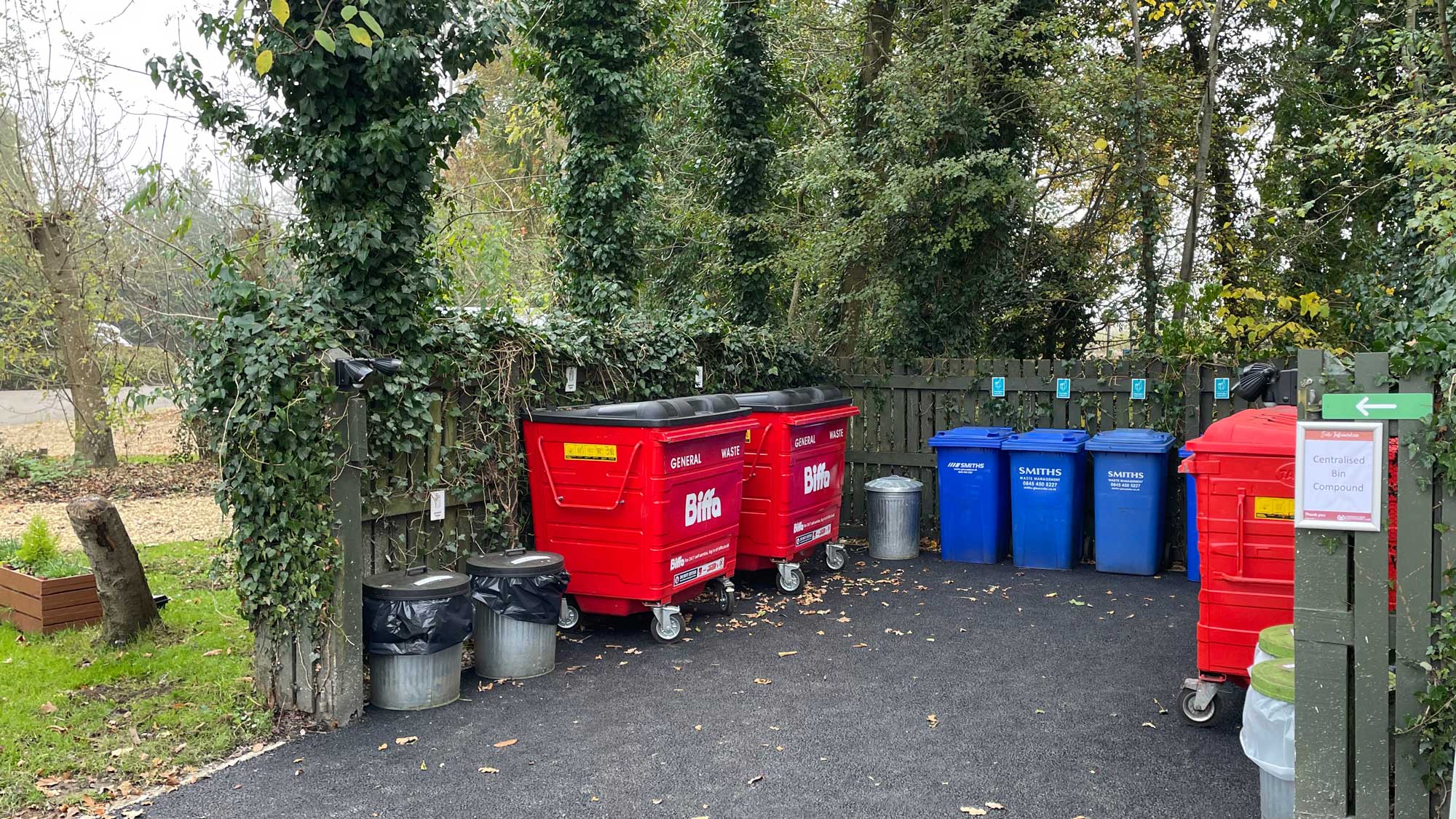 Recycling bins lined up at the Caravan and Motorhome Club's Moreton-in-Marsh Club Campsite