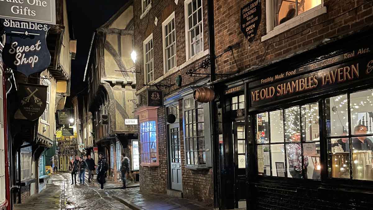 The Shambles in York with narrow streets and medieval buildings