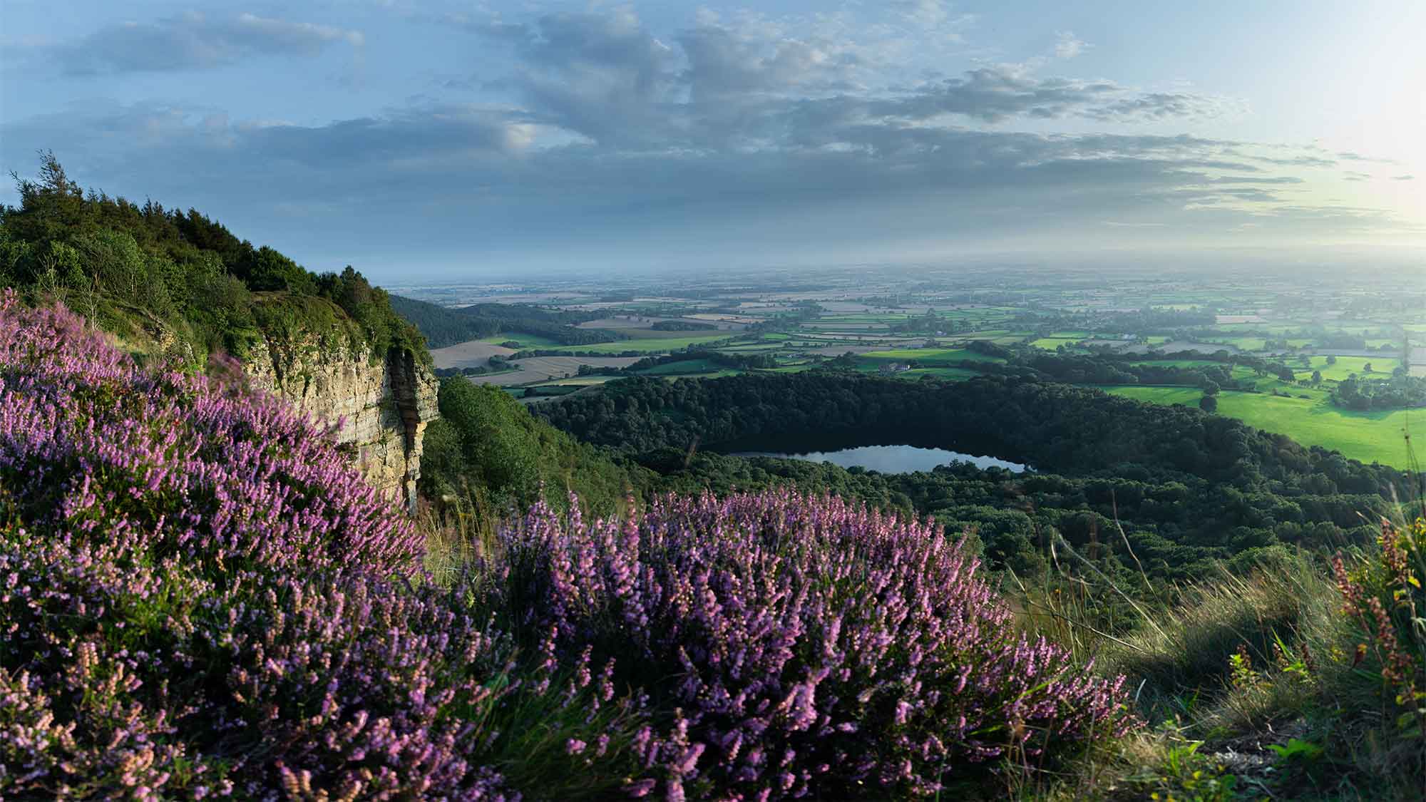 A-scenic-view-of-purple-flowers-in-Sutton-Bank-and-Lake-Gormire-in-the-distance