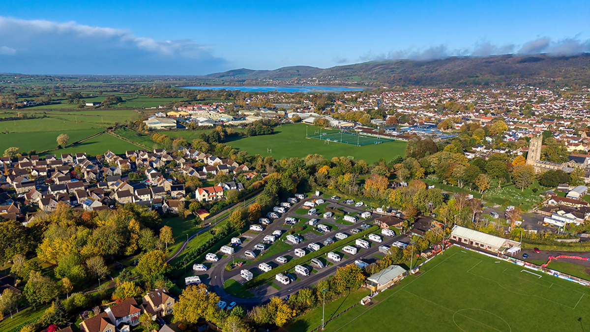 An aerial shot of Cheddar Cluv Campsite and the surrounding area