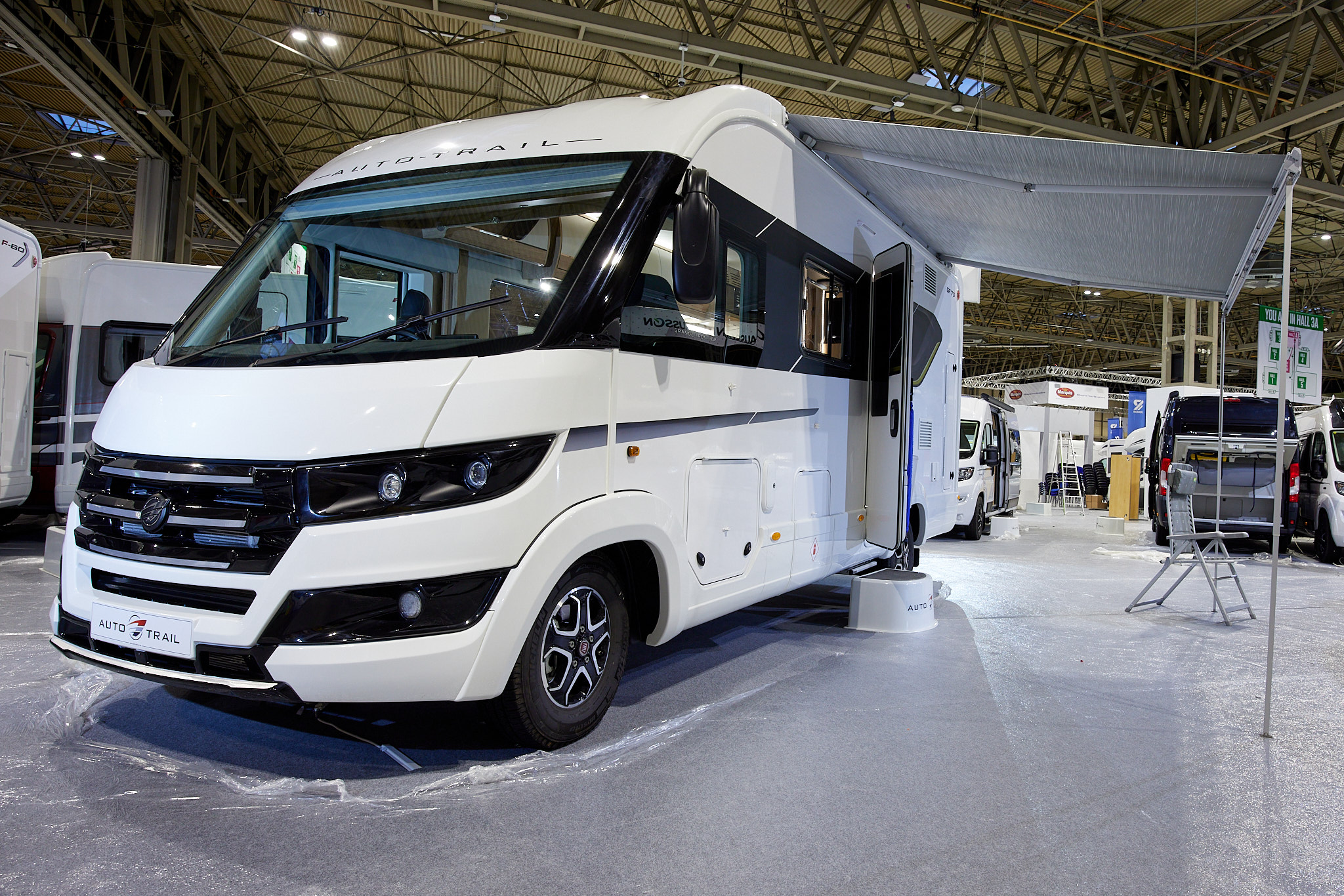 A Class, white, black grille, awning