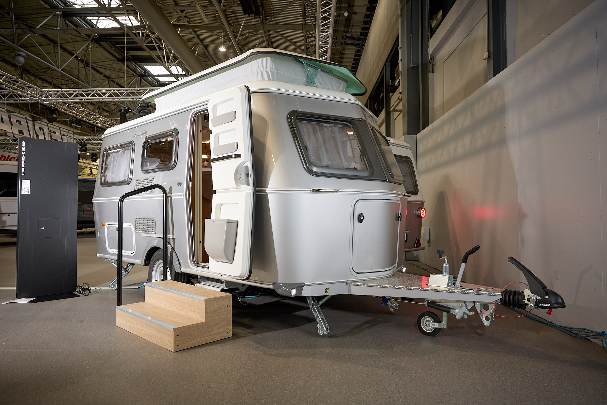 Eriba Touring 430 exterior, silver, pop top roof extended