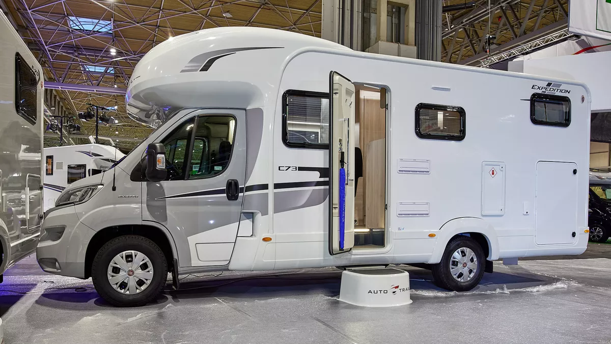 Coachbuilt exterior, pale grey cab