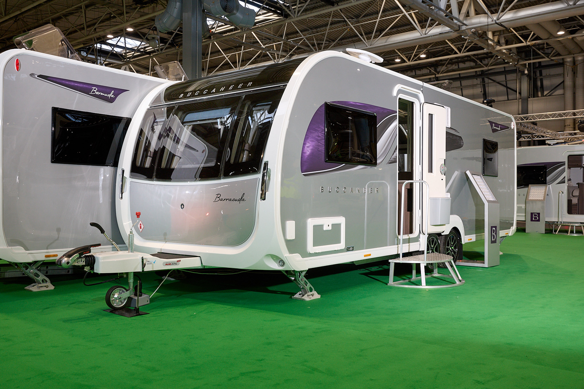 Buccaneer Barracuda exterior, grey, purple decals, twin axle