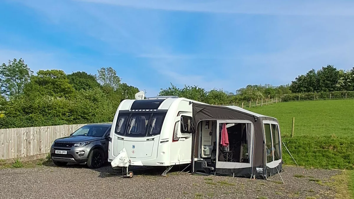 Emmetts Farm, EX12 4BN, Seaton, Devon, CL owner, 2026, pitch 1, hardstanding, field, trees