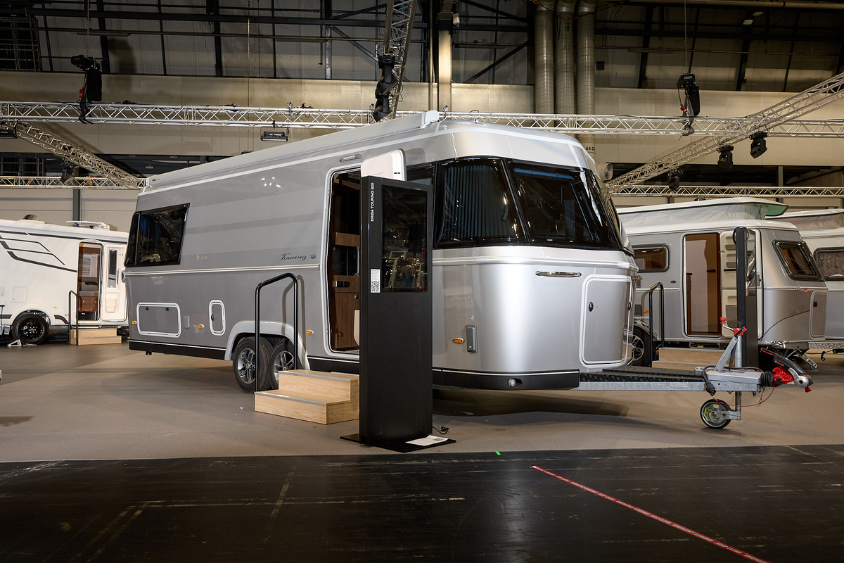 Eriba Touring 820 exterior, silver, black windows, front locker