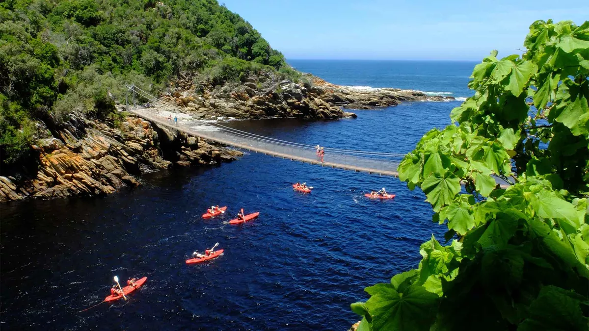 An elevated view, looking down at kayakers on Storms River going under a suspension bridge which leads from one green rocky hillside to another at Tsitsikamma National Park in South Africa