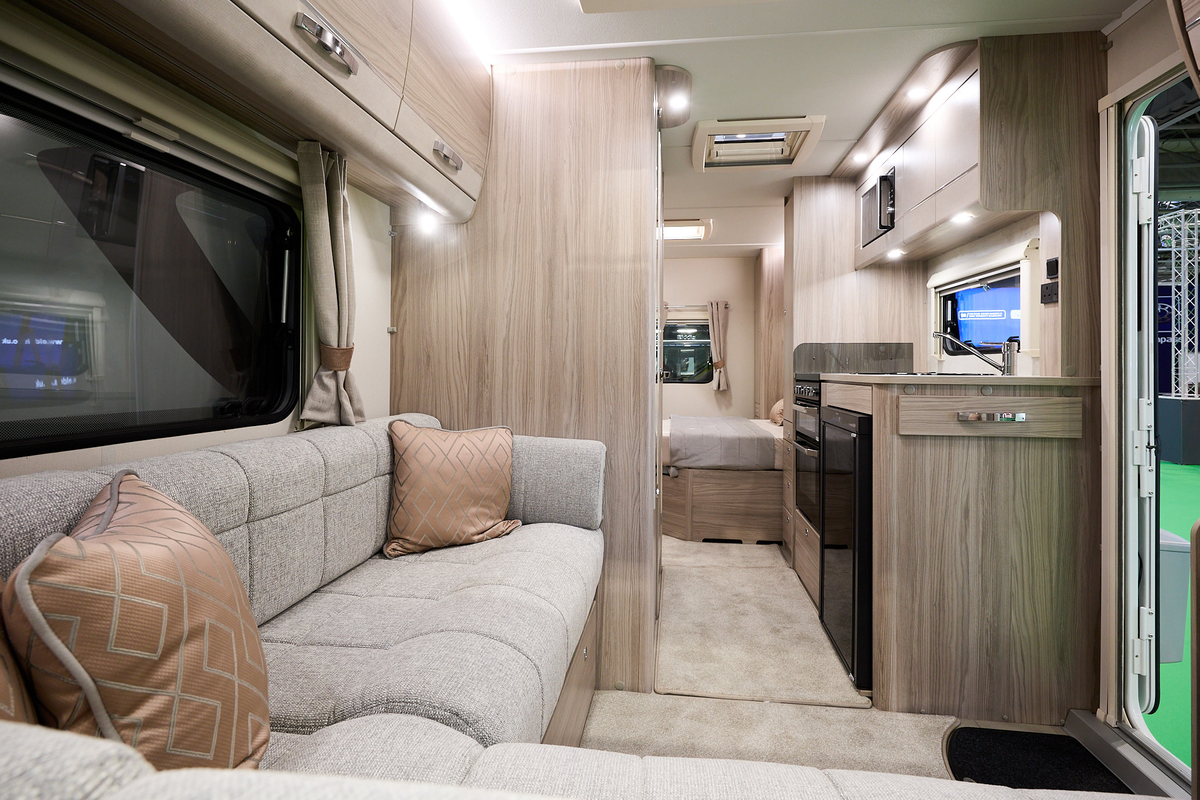 Elddis Avanté 454 interior, grey upholstery, wooden furniture, lounge, kitchen, bedroom, fixed island bed