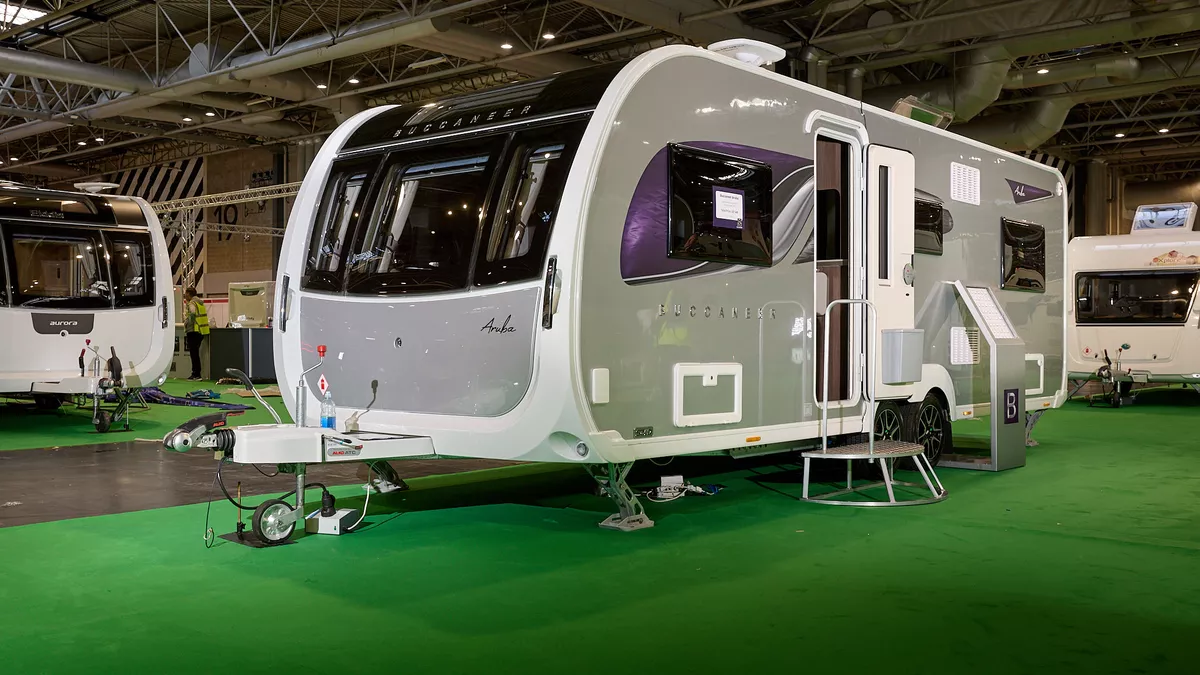 Buccaneer Aruba exterior, grey, purple decals, twin axle