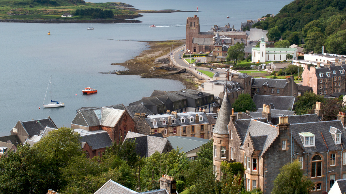 view from McCaig's Tower over Oban town in Scotland